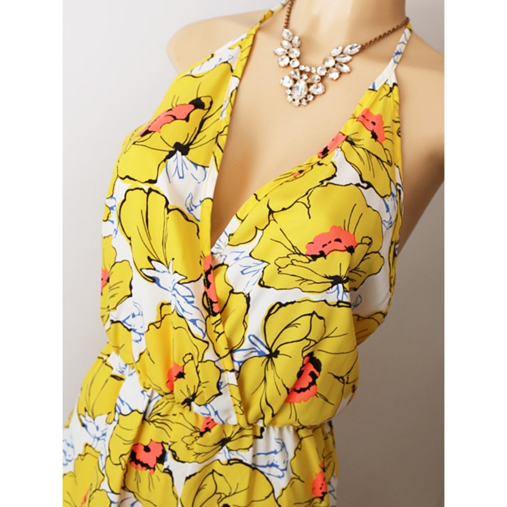 Yellow Tropical Floral Open Back Halter Romper - Picture 2 of 8